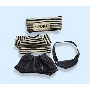 Labubu Clothes 4 pc. Matching Set White Black Striped Top, Pants, Headband, Bag